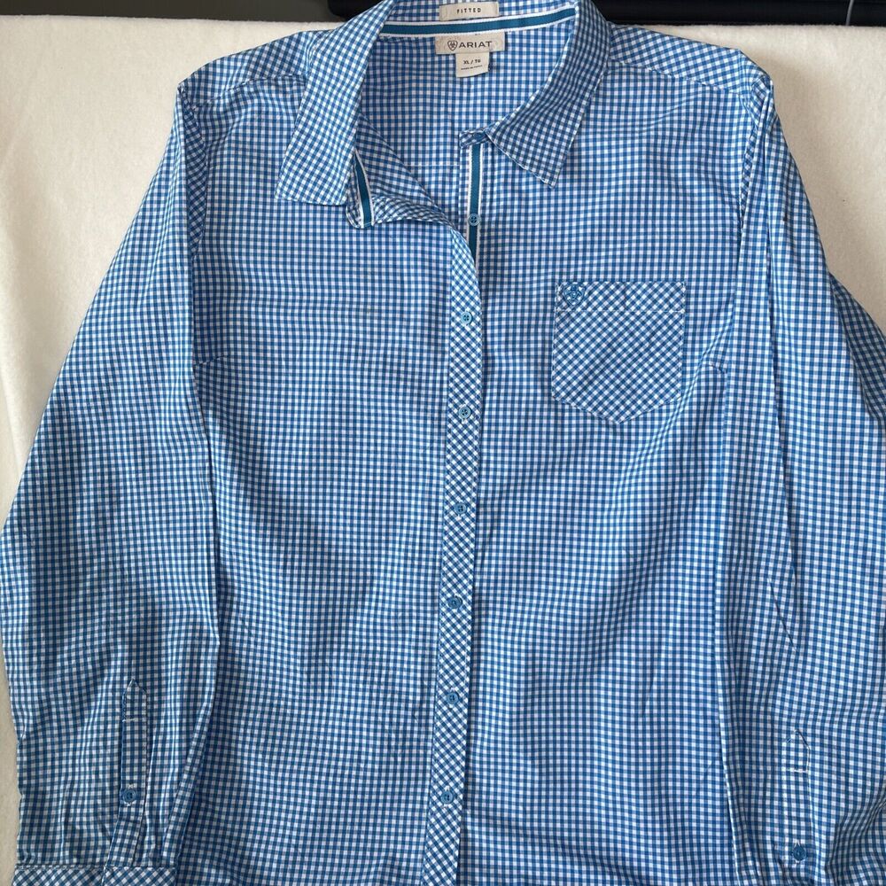 Ariat Women's Size XL Fitted Pink/Blue Plaid LS Western Shirt Embroidered Logos - Picture 2 of 8